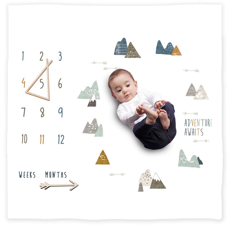 Miaoberry 100% Organic Cotton Muslin Monthly Baby Milestone Blanket with Wooden Hello World Newborn Sign, Newborn Photography Props, Birth Announcement Sign, Eucalyptus - Image 1